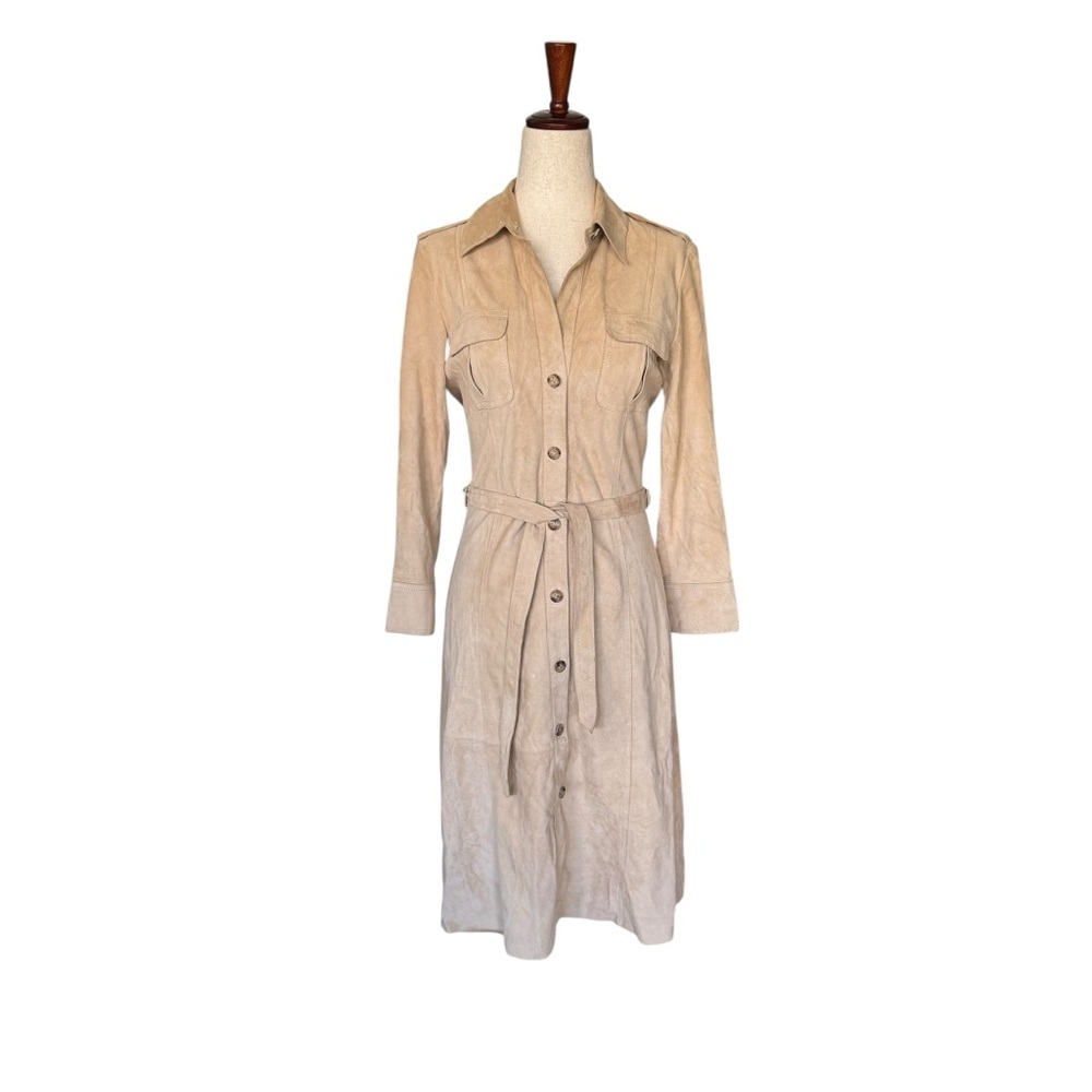 Theory Megan Suede Leather Shirt Dress Camel Beige Tan Belt Button Up Sz 4